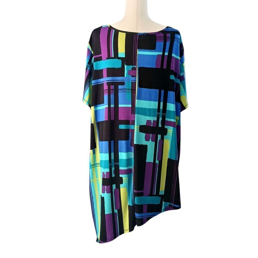 CATO Asymmetrical Blouse Bold Geometric Short Sleeve Jewel Tone Plus Size 3X - Picture 4 of 9